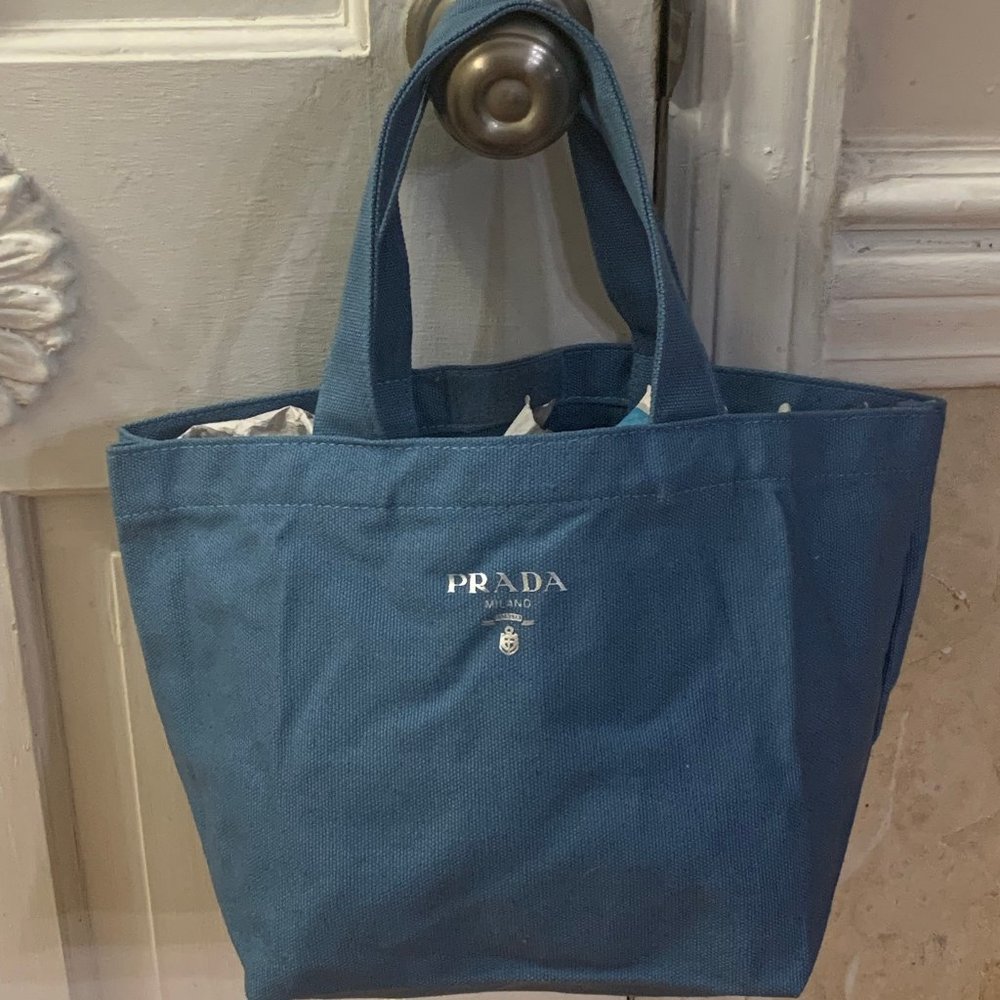 New Prada Powder Blue Canvas Toiletry Handbag